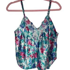 Cinema Etoile Vintage Satin Tank Top French Cut Blue Floral Lace Embroidered